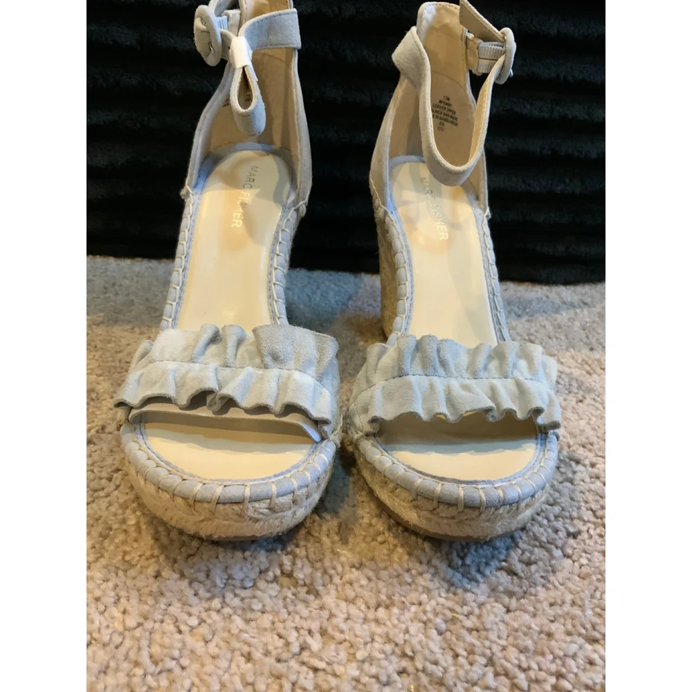 Women's Marc Fisher Light Blue Beige Espadrille Wedge‎ Sandals 7.5 Ruffled Strap